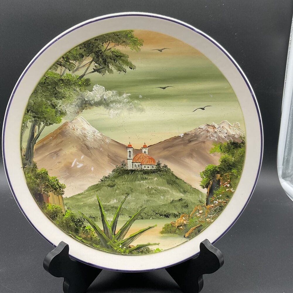 Hand-Painted Landscape Church Mountains Decorative Plate By Riveras 9.75"D